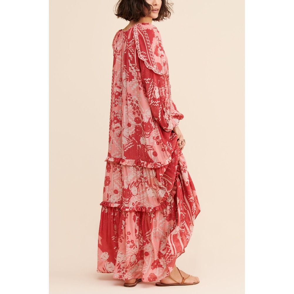 Chufy Paracas Caftan Dress S Red Pink Floral Tiered Maxi Boho Resort Luxury Vaca - Picture 11 of 15